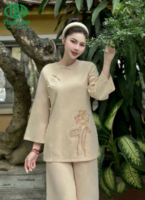 Bộ đũi thêu hoa sen Nâu