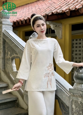 Bộ đũi thêu hoa sen Trắng kem