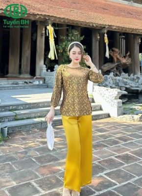 Bộ lam tơ tằm cao cấp cổ tết Nâu