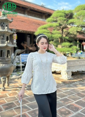 Bộ lam tơ tằm cao cấp cổ tết Trắng