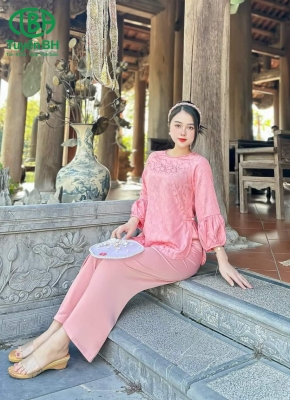 Bộ lam tơ tằm cao cấp cổ tết Hồng
