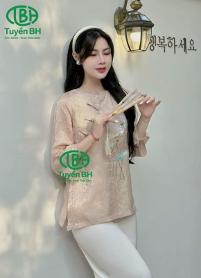 Bộ tơ tằm cúc chéo thêu sen màu Nâu