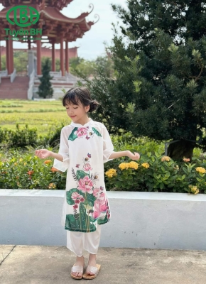 Áo dài voan in hoa sen Trắng 