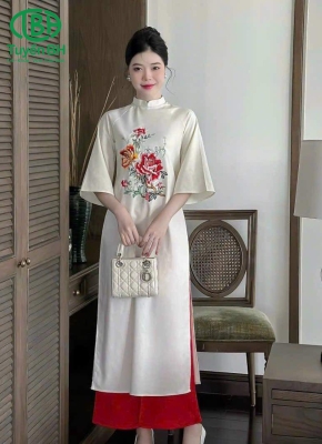 Áo dài linen thêu Trắng 