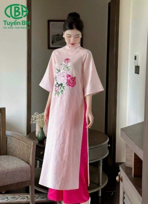 Áo dài linen thêu Hồng 