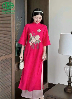 Áo dài linen thêu Hồng sen 