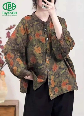 Áo linen Nâu Đất họa tiết mới lạ