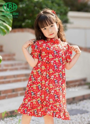 Đầm sườn xám họa tiết chó mèo Đỏ