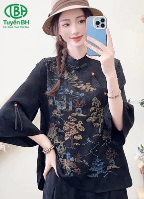 Áo linen Đen cúc tàu họa tiết cây kim tiền