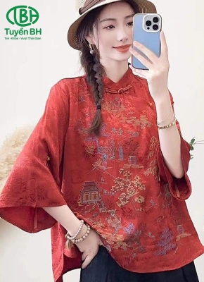 Áo linen Đỏ cúc tàu họa tiết cây kim tiền