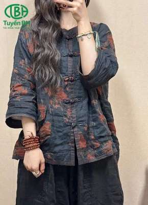 Áo linen Đen cúc tàu họa tiết hoa mẫu đơn