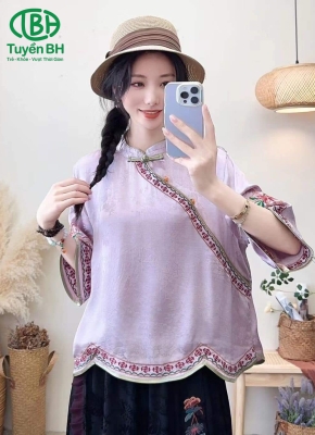 Áo linen Tím họa tiết phối viền vạt chéo