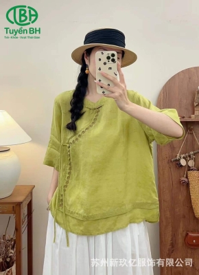 Áo linen Xanh phối viền vạt chéo dây rơi