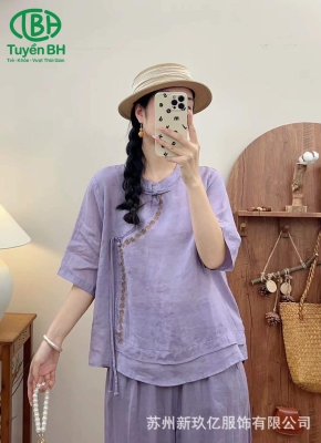 Áo linen Tím phối viền vạt chéo dây rơi