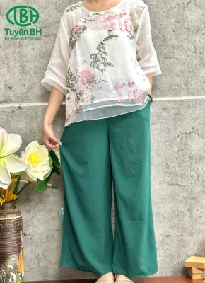 Quần linen Xanh trơn lưng bản to