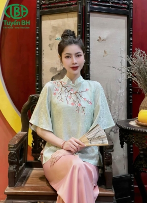 Bộ lụa tằm thêu cành đào Xanh
