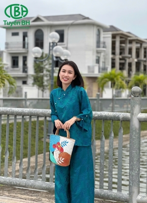Bộ lụa tằm cao cấp thiết kế may theo số đo màu xanh