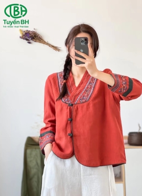 Áo linen thêu cúc tàu Đỏ 
