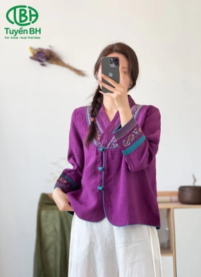 Áo linen thêu cúc tàu Tím