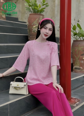 Bộ lam cổ Tết dây nơ Hồng 