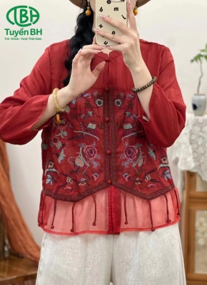Áo linen Đỏ thêu hoa hồng 