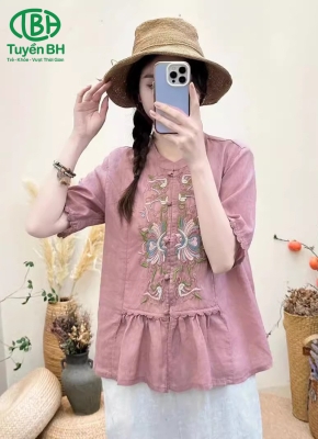 Áo linen Hồng thêu họa tiết tay ren