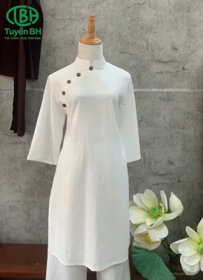 Bộ thiền Trắng thiết kế tà dài nút gỗ