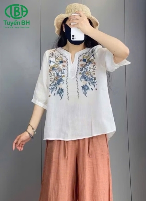 Áo linen Trắng xẻ cổ thêu hoa