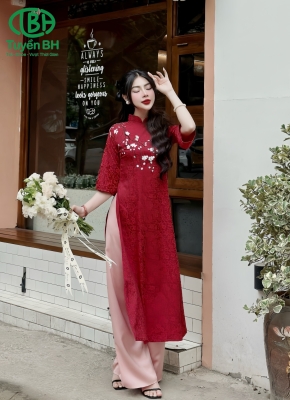 Áo dài Đỏ hoa đào