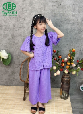 Bộ lam tay phồng chấm bi Tím