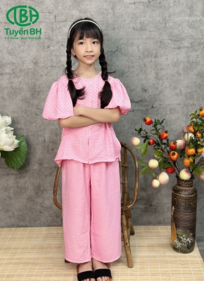 Bộ lam tay phồng chấm bi Hồng