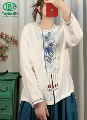 Áo linen thêu đính ngọc cao cấp Trắng