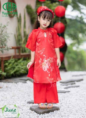 Áo dài Đỏ bé gái cổ giọt lệ