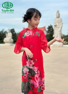 Áo dài voan in hoa sen Đỏ 
