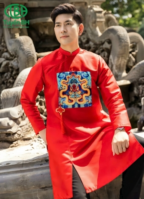 Áo dài Đỏ Nam in họa tiết 