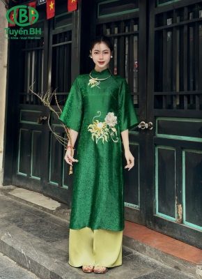 Áo dài Xanh tơ tằm cổ tàu thêu cao cấp