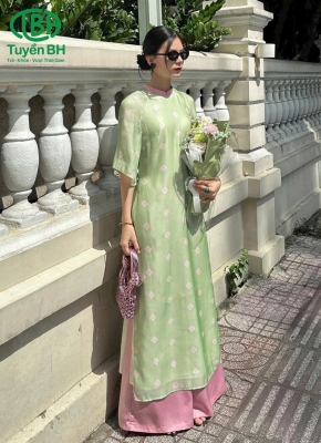 Áo dài tơ cổ tàu Xanh