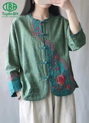 Áo linen Xanh thêu họa tiết phối màu