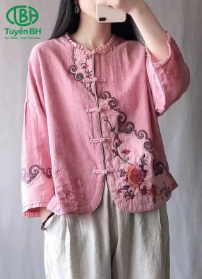 Áo linen Hồng thêu họa tiết phối màu