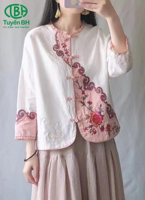 Áo linen Trắng thêu họa tiết phối màu