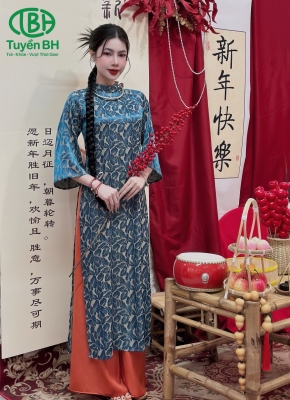 Áo dài vân lá Xanh dương 