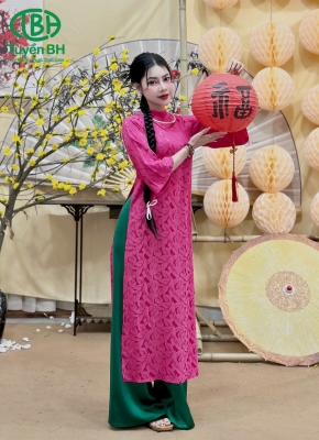 Áo dài vân lá Hồng sen 