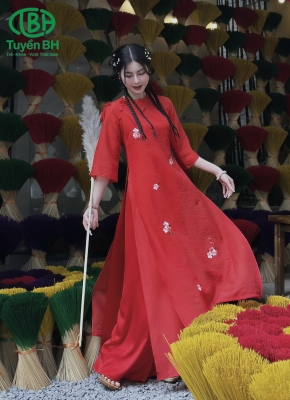 Áo dài Đỏ thêu hoa đào 