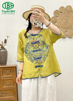 Áo linen họa tiết nút tàu Xanh