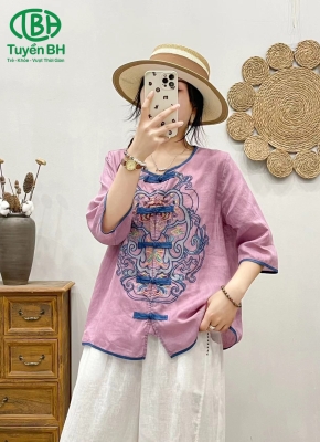 Áo linen họa tiết nút tàu Hồng