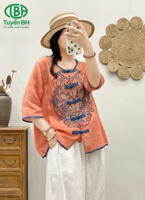 Áo linen họa tiết nút tàu Cam