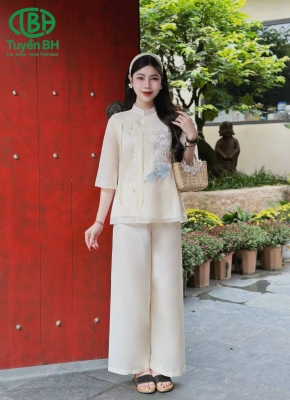 Set tơ Trắng kem thêu hạc dây rút