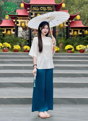 Bộ lam quần Xanh dương cổ Tết dây nơ