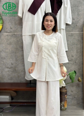Bộ lam thiền Trắng thiết kế vạt ngang cổ tròn cúc bọc
