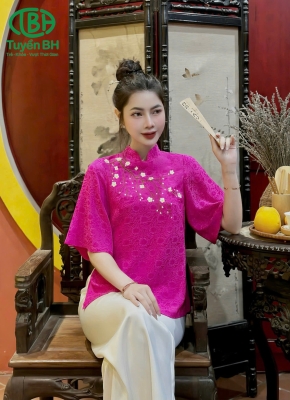 Bộ lụa tằm thêu cành đào Hồng sen